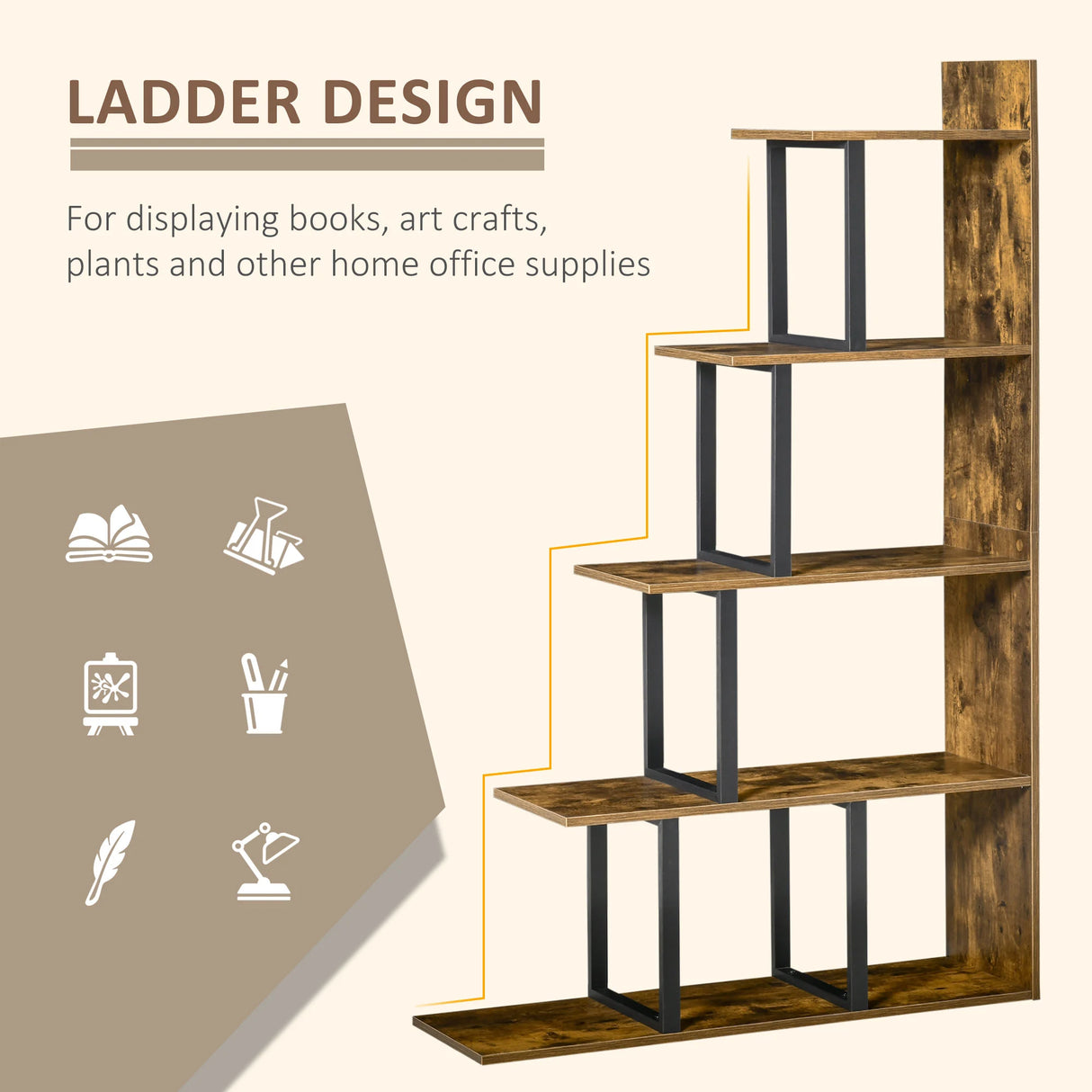 HOMCOM 5-Tier Bookcase, Wooden Ladder Bookshelf Display Stand, Rustic Brown