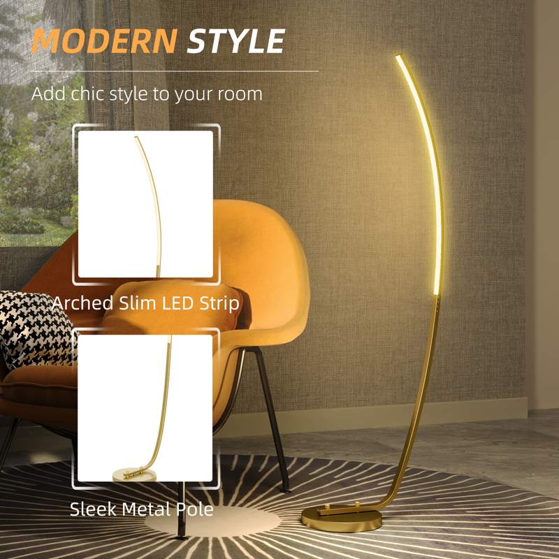 HOMCOM Modern 147cm Curved LED Floor Lamp - Gold Tone