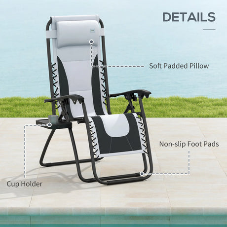 Outsunny Zero Gravity Lounger Chair Set of 2, Folding Reclining Patio Chair with Padded Seat, Cup Holder, Soft Cushion and Headrest for Poolside, Camping, Grey