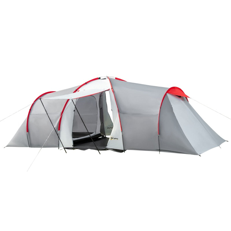 Outsunny Four-Man Tunnel Tent, with Two Bedrooms and Living Room - Grey/Red