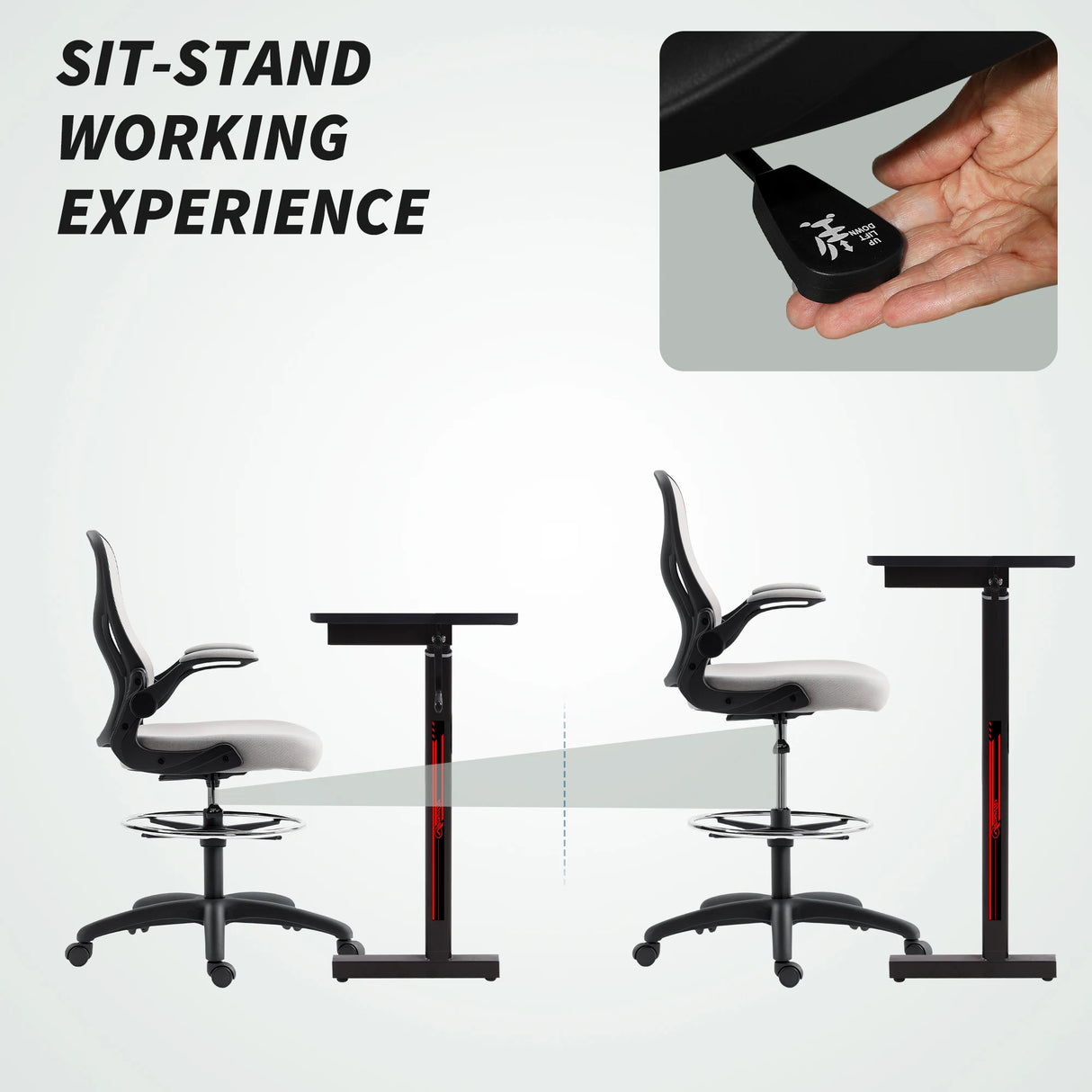 Vinsetto Adjustable Mesh Standing Desk Chair with Flip-up Armrests Lumbar Support Armrests Adjustable Footrest Ring Grey