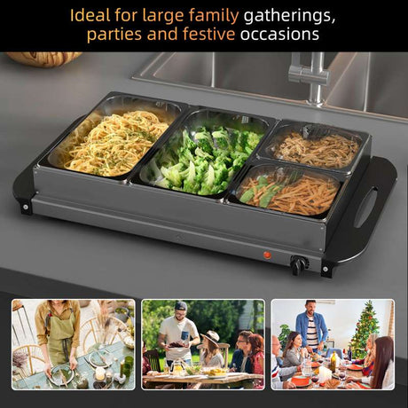 HOMCOM 4 Tray Electric Food Warmer Buffet Server with Warming Plate, Cool Touch Handles, Adjustable Temperature, 300W, 2 x 2.4L and 2 x 1L Pans