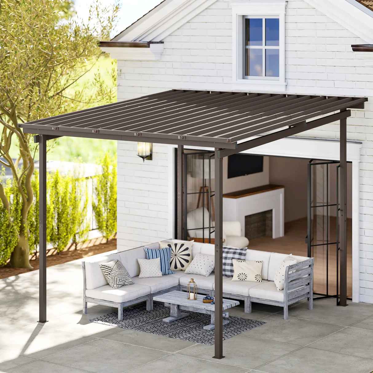 Outsunny 3 x 3(m) Garden Pergola with Waterproof Metal Roof, Lean to Pergola Hardtop Gazebo, Wind-resistant Outdoor Sun Shade, Easy to Assemble
