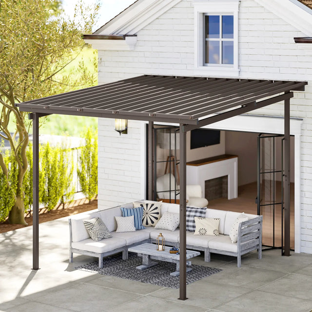 Outsunny 3 x 3(m) Garden Pergola with Waterproof Metal Roof, Lean to Pergola Hardtop Gazebo, Wind-resistant Outdoor Sun Shade, Easy to Assemble