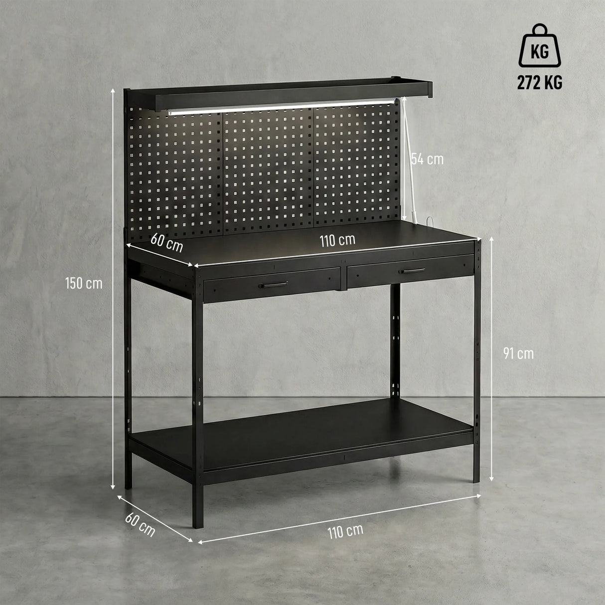 HOMCOM 110 cm Workbench with Pegboard, Heavy Duty Work Table with Power Strip and LED Light, Black