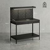 HOMCOM 110 cm Workbench with Pegboard, Heavy Duty Work Table with Power Strip and LED Light, Black