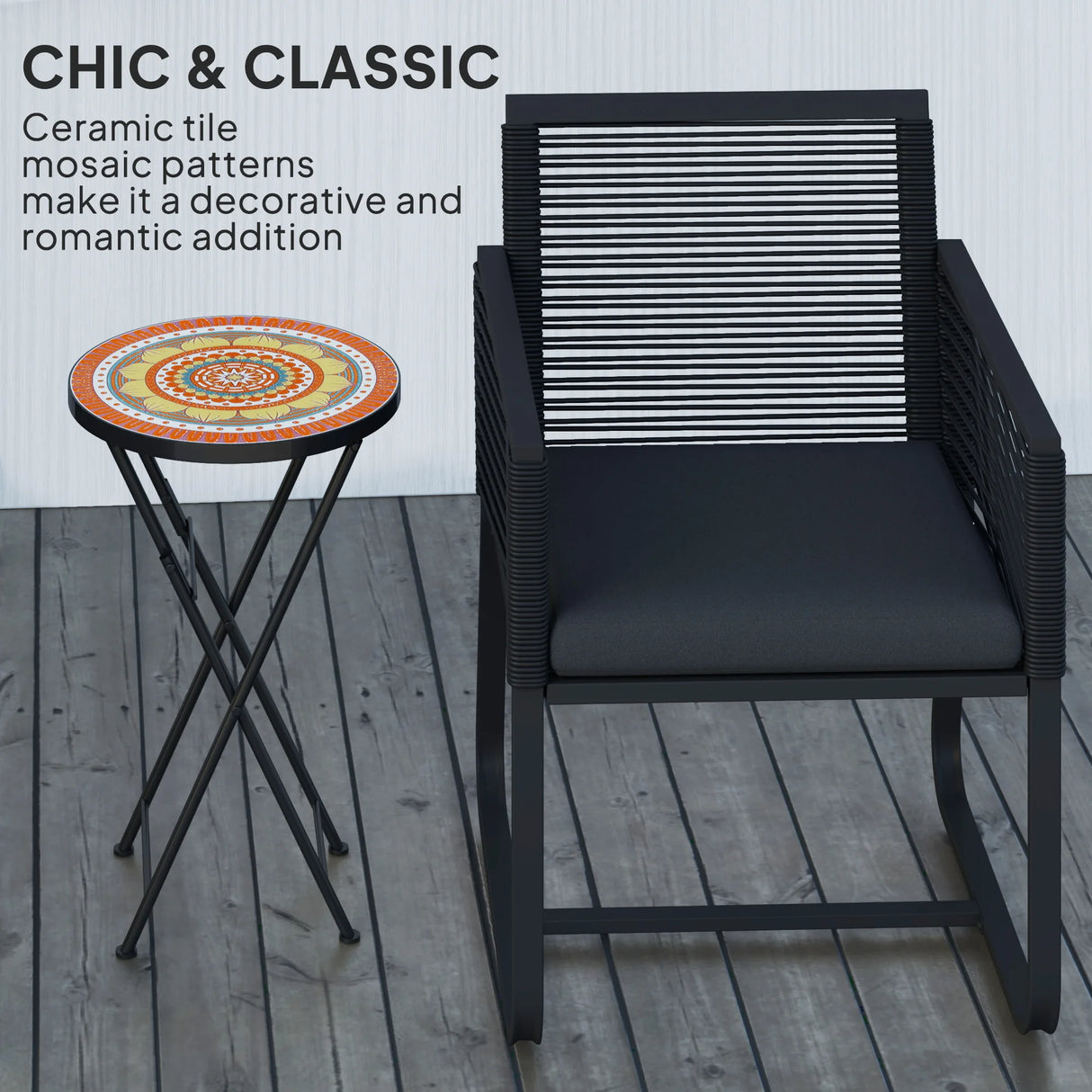 Outsunny Mosaic Outdoor Garden Table, 35.5cm Round Folding Coffee Table with Metal Frame for Balcony Terrace, Orange