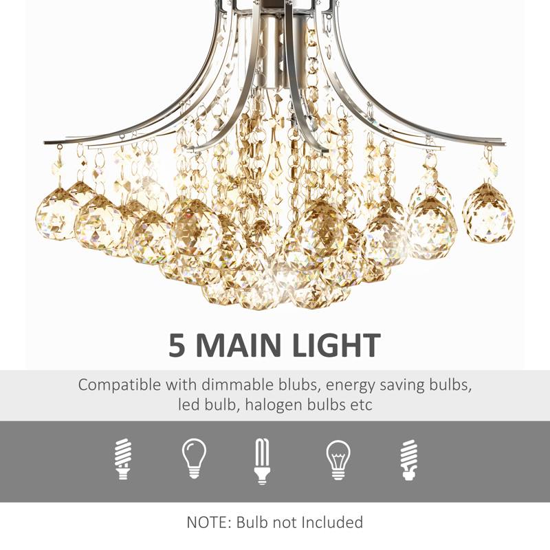 HOMCOM Crystal Chandeliers, K9 Droplets Ceiling Light with 3 E14 Bulb Base, Pendant Lights for Living Room, Bedroom, Dining Room, Hallway, Kitchen