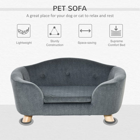 PawHut Dog Sofa Bed Pet Chair Couch with Water Resistant Fabric, Kitten Lounge with Soft Cushion Washable Cover, Wooden Frame for Mini Size Dogs - Grey