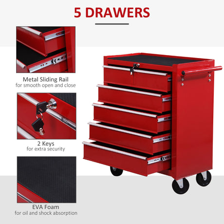 HOMCOM 5 Drawer Tool Box on Wheels, Lockable Steel Tool Cabinet with Side Handle, Red