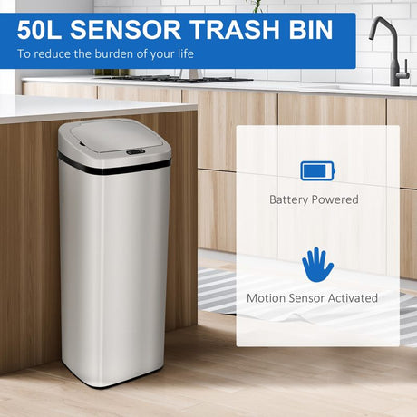 HOMCOM 50L Infrared Touchless Automatic Motion Sensor Dustbin Stainless Steel Trash Can Home Office