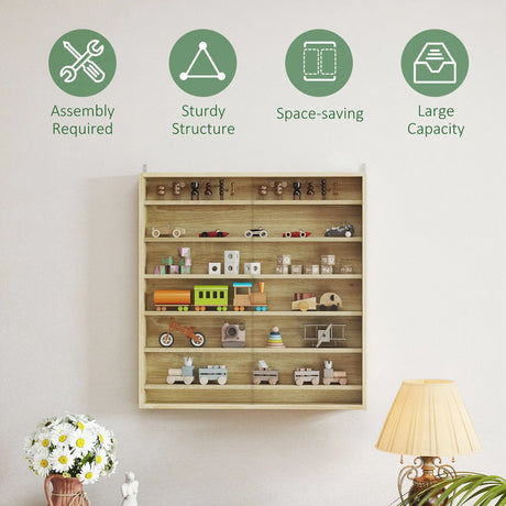 HOMCOM Six Shelf Display Cabinet, with Glass Doors - Oak