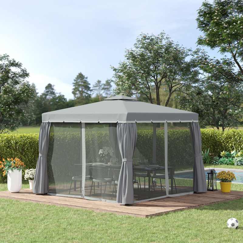 Outsunny 3 x 3(m) Patio Gazebo Canopy Garden Pavilion Tent Shelter Marquee with 2 Tier Water Repellent Roof, Mosquito Netting and Curtains, Aluminium Frame, Dark Grey