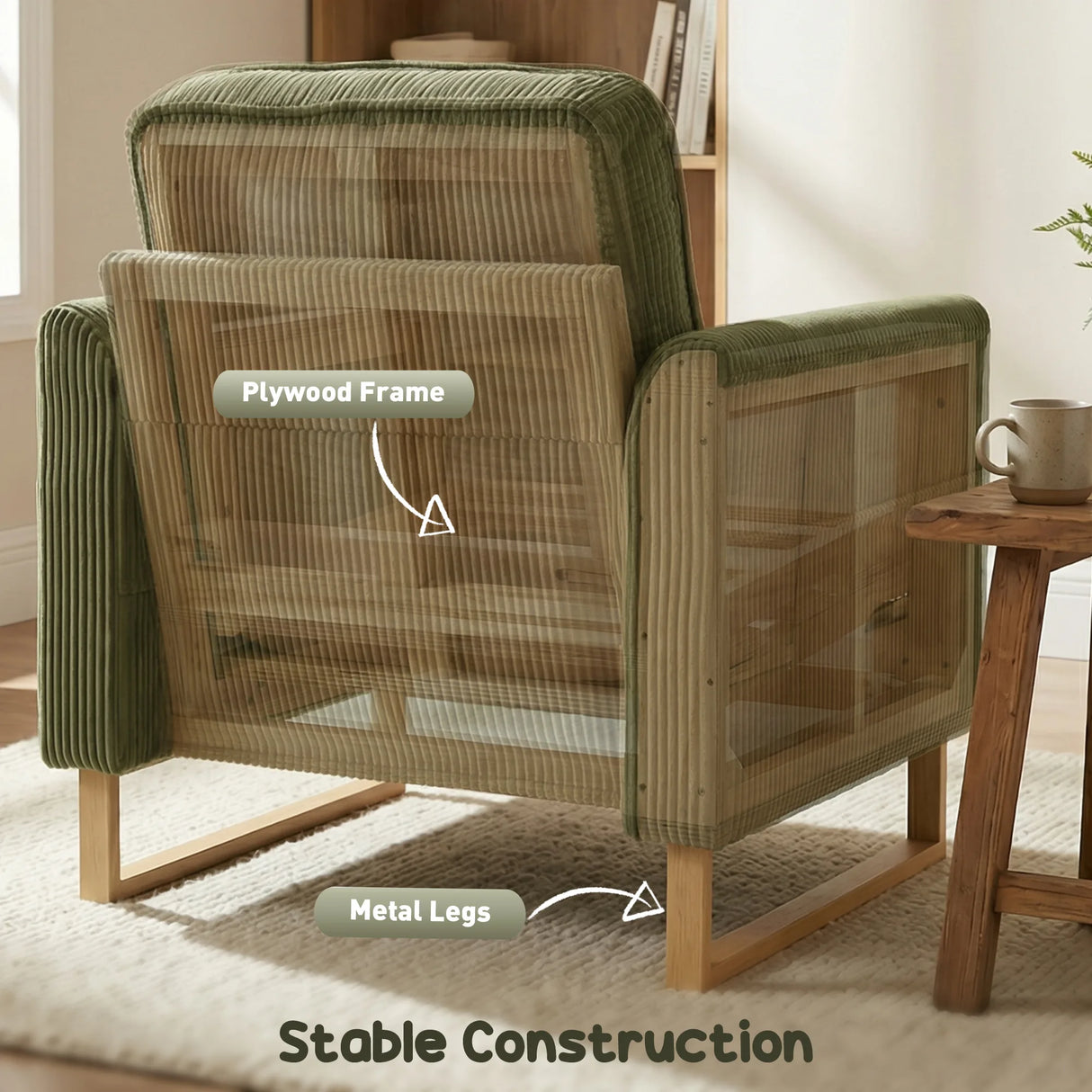 HOMCOM Accent Chair with Spring, Modern Industrial Armchair with Metal Legs for Livingroom Dark Green