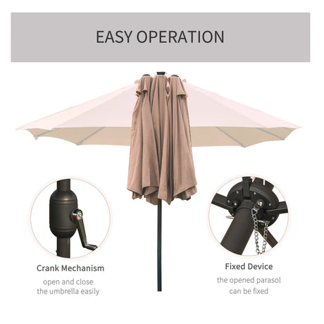 Outsunny Garden Parasol 4.4m Double-Sided Sun Umbrella Patio Parasol LED Solar Lights Khaki