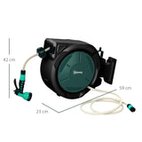 Outsunny Retractable Hose Reel Wall Mounted, 30+2m Garden Hose Pipe Reel with Lock, Auto Rewind, 7 in 1 Spray Nozzle, Includes Wall Fixings, 180 Swivel, Outdoor Watering, 59 x 23 x 42 cm, Green