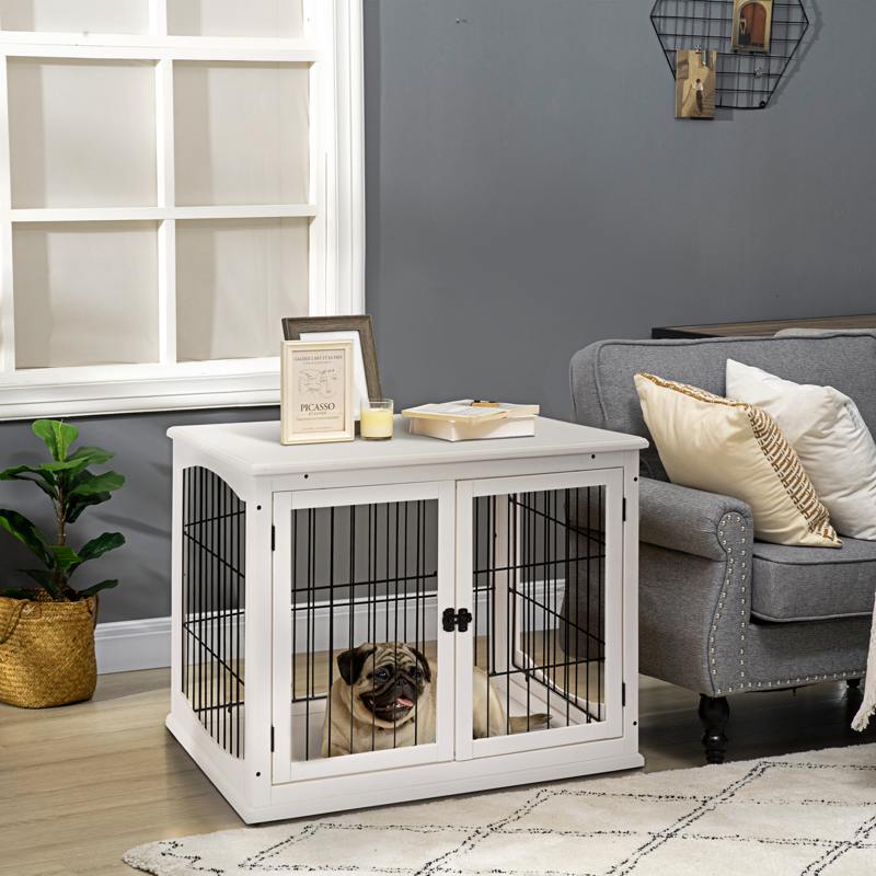 PawHut Dog Crate, Furniture Style Puppy Cage End Table, Pet Kennel House with 3 Doors for Small Dog, White 81 x 58.5 x 66 cm