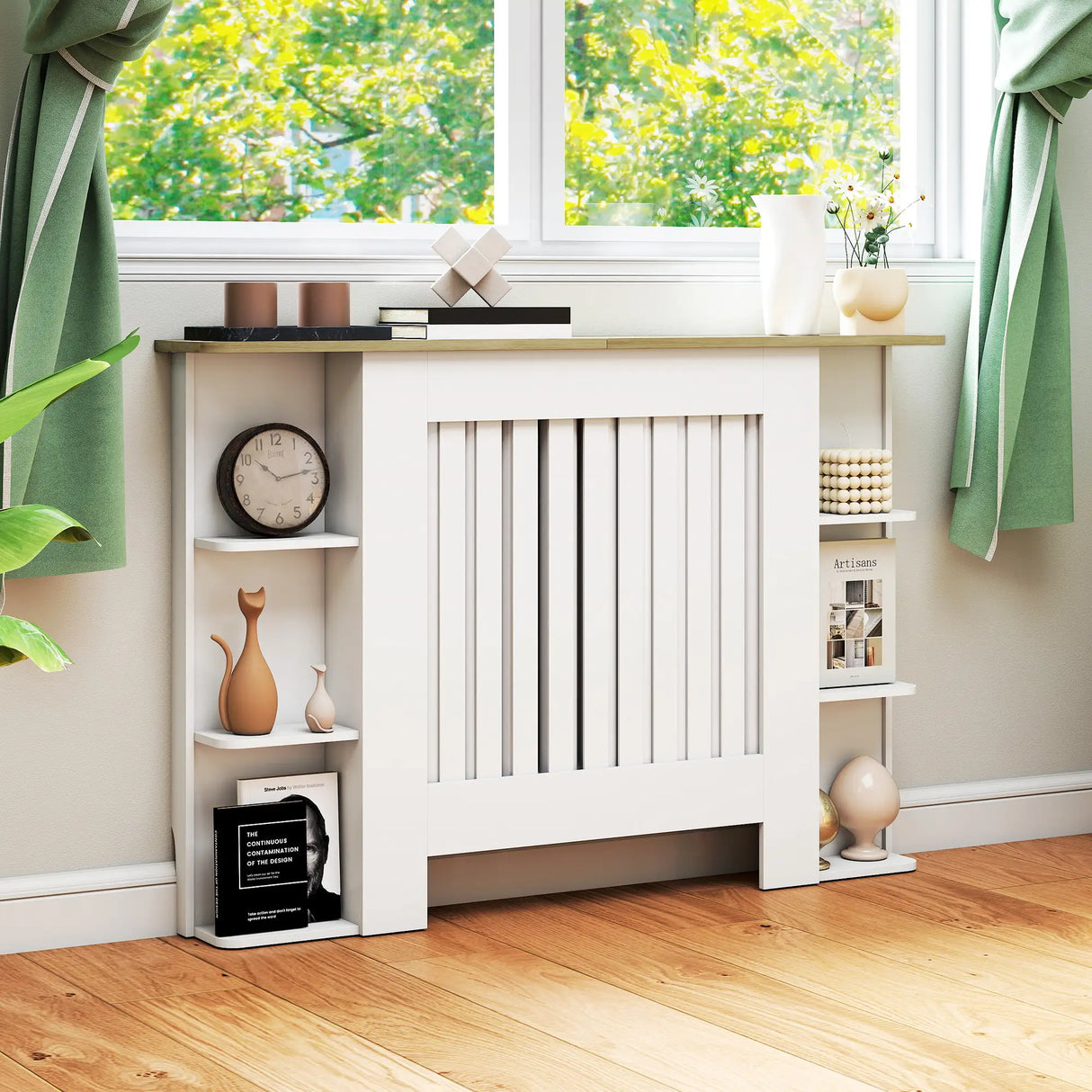 HOMCOM Radiator Cover with Open Storage Shelves, Vertical Slatted Cabinet Shelf Heater Cover for Living Room, Hallway, Medium, White (H: 83 / W: 124 / D: 19 cm)