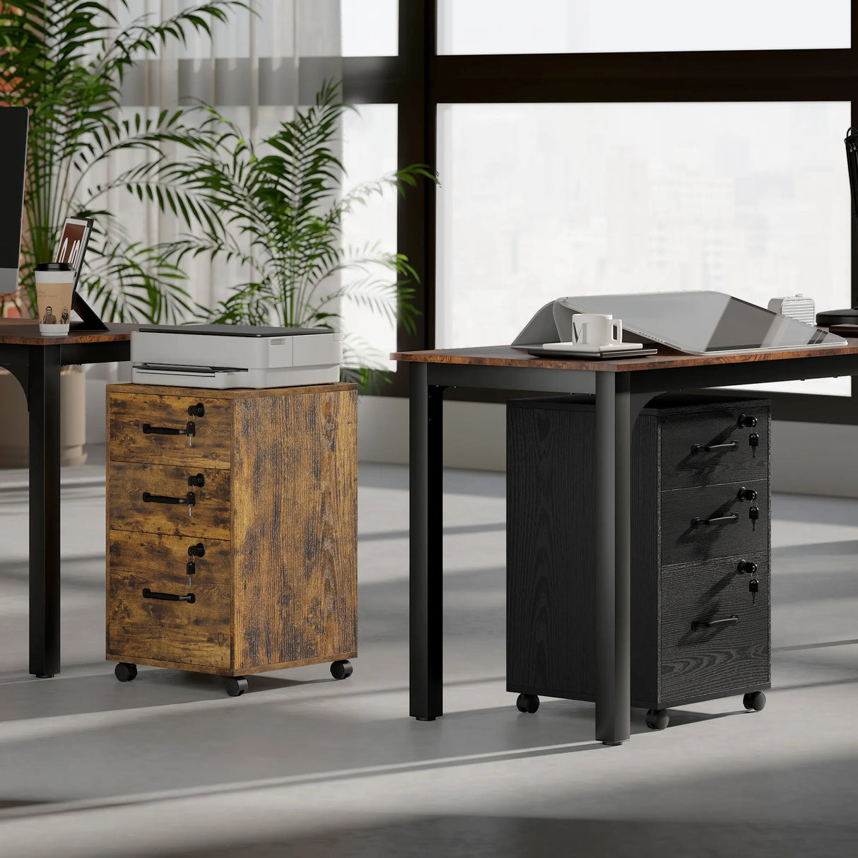 HOMCOM Three Drawer Wood-Effect Filing Cabinet - Rustic Brown