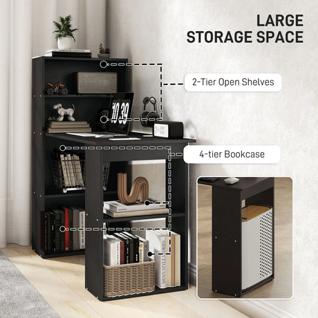 HOMCOM 120cm Computer Desk, Wooden PC Laptop Table with 6-Tier Storage Bookshelves, Home Office Working Study Desk, Writing Workstation, Black