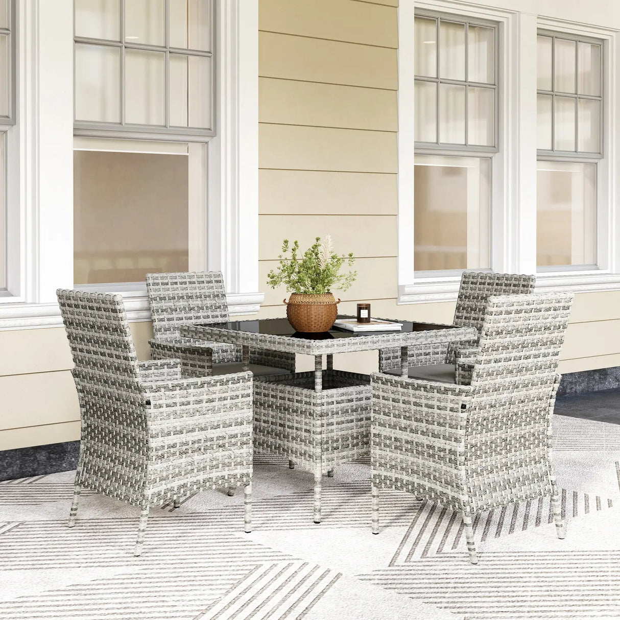Outsunny Rattan Garden Furniture Set, Outdoor Dining Table and Chairs 4 Seater with Cushions, Square Tempered Glass Top, 4 Armchairs, for Balcony, Terrace, Conservatory, Mixed-Grey
