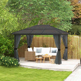 Outsunny 3 x 4m Hard Top Gazebo Garden Pavilion with Netting and Curtains, Polycarbonate Roof and Aluminium Frame