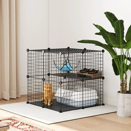 PawHut Indoor Cat Cage DIY Customizable 2-Tier Indoor Cat Enclosure with 2 Doors and Hammock 70 cm Black