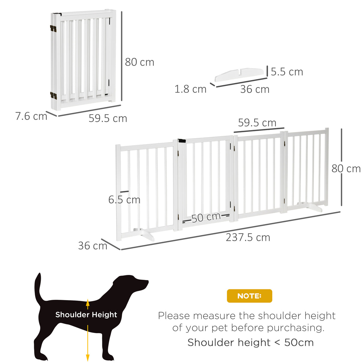 PawHut Wooden Dog Gate, Dog Fence Indoor, 80 cm Tall Freestanding Pet Gate for Small and Medium Dogs with 4 Panels, 2 Support Feet, White