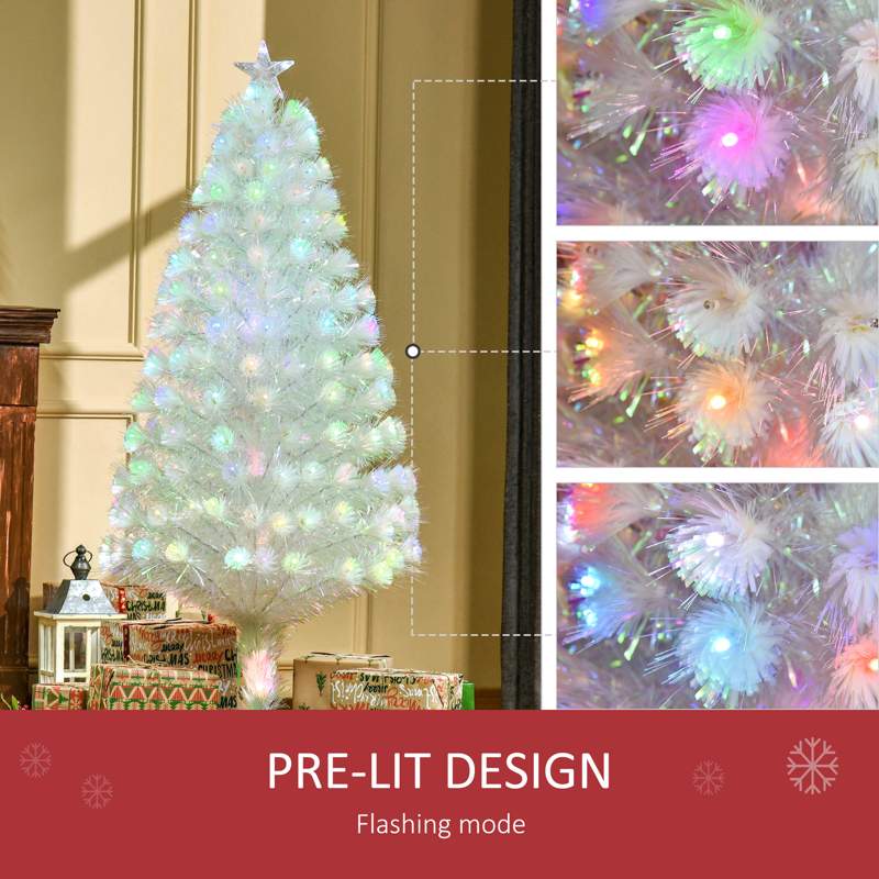 HOMCOM 5 Feet Prelit Artificial Christmas Tree with Fiber Optic LED Light, Holiday Home Xmas Decoration, White