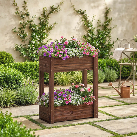 Outsunny 2-Tier Wooden Raised Planter, Raised Garden Bed on Legs with Drainage Holes and Bed Liner, Elevated Garden Planter