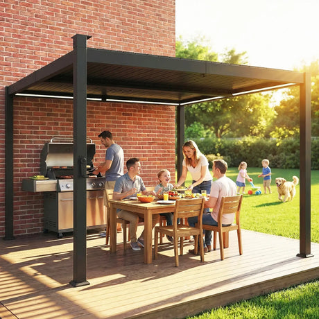 Outsunny 3 x 3 m Louvered Pergola with Solar LED lights, Metal Roof, Patio Gazebo Pergola Canopy with Drainage Gutters, Black