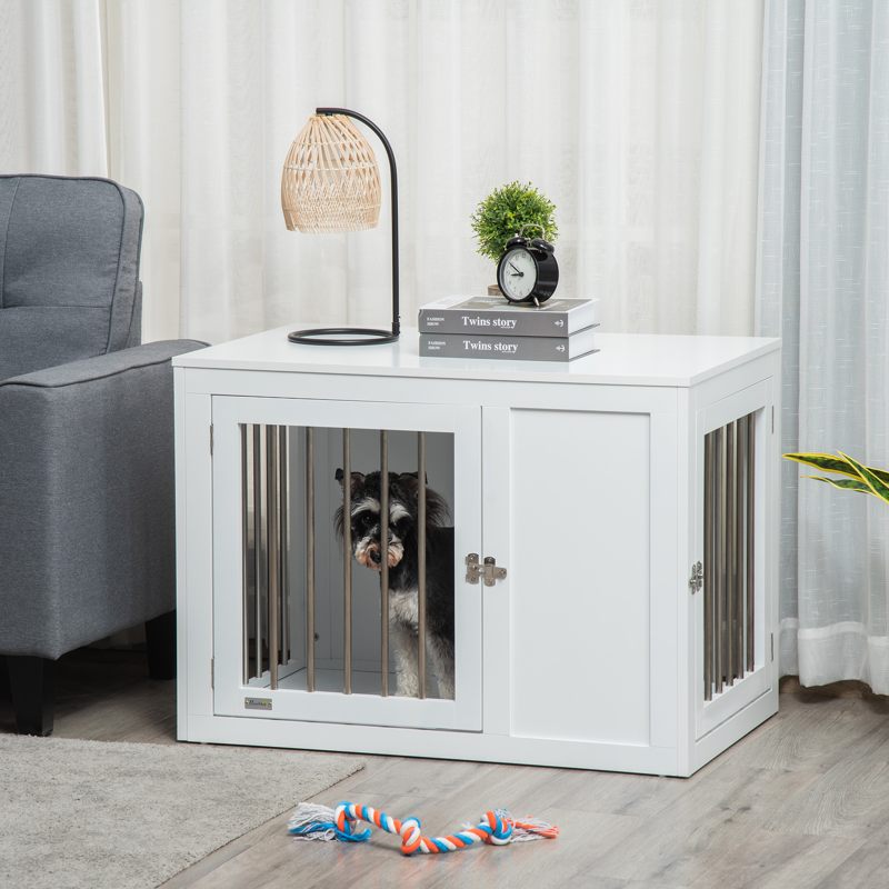 PawHut 2-in-1 Dog Cage and Side Table, with Two Lockable Doors, for Medium Dogs - White