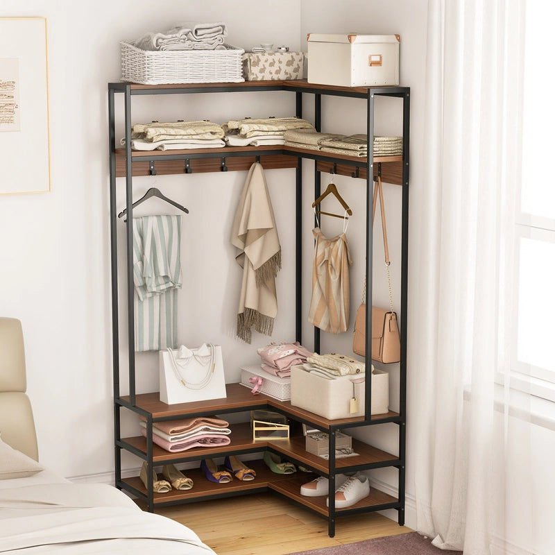 Corner Garment Rack with Open Shelves and 7 Hooks Shoe Bench-Walnut
