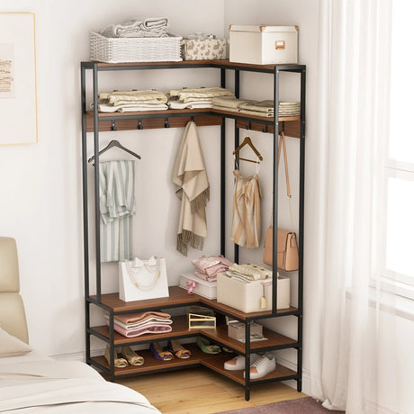 Corner Garment Rack with Open Shelves and 7 Hooks Shoe Bench-Walnut