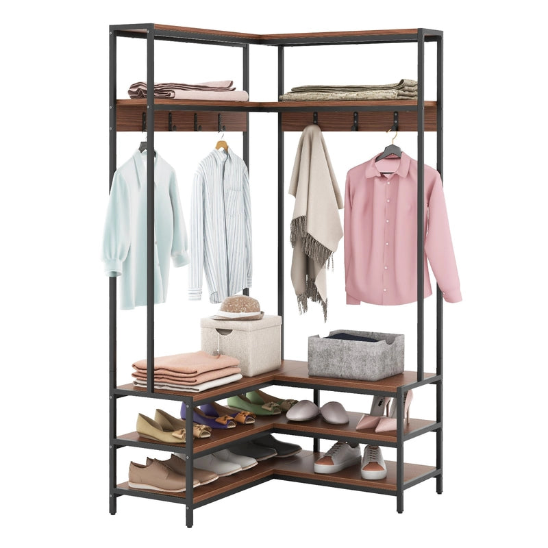 Corner Garment Rack with Open Shelves and 7 Hooks Shoe Bench-Walnut