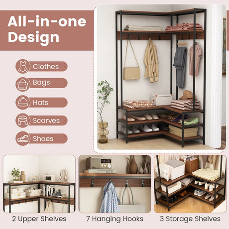 Corner Garment Rack with Open Shelves and 7 Hooks Shoe Bench-Walnut