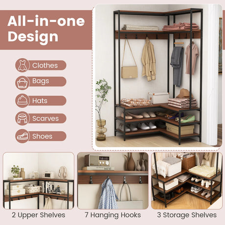 Corner Garment Rack with Open Shelves and 7 Hooks Shoe Bench-Walnut