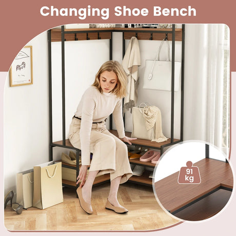 Corner Garment Rack with Open Shelves and 7 Hooks Shoe Bench-Walnut