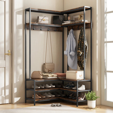 Corner Garment Rack with Open Shelves and 7 Hooks Shoe Bench-Rustic Brown