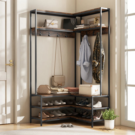 Corner Garment Rack with Open Shelves and 7 Hooks Shoe Bench-Rustic Brown