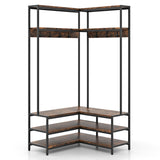 Corner Garment Rack with Open Shelves and 7 Hooks Shoe Bench-Rustic Brown