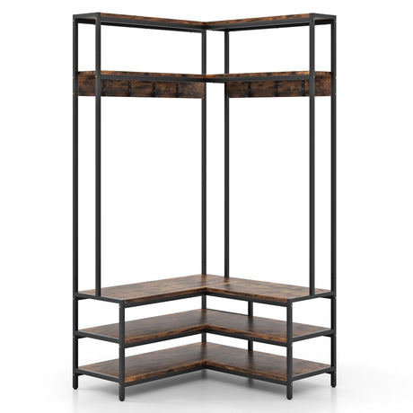 Corner Garment Rack with Open Shelves and 7 Hooks Shoe Bench-Rustic Brown