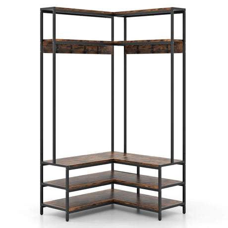 Corner Garment Rack with Open Shelves and 7 Hooks Shoe Bench-Rustic Brown