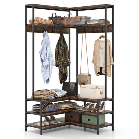 Corner Garment Rack with Open Shelves and 7 Hooks Shoe Bench-Rustic Brown