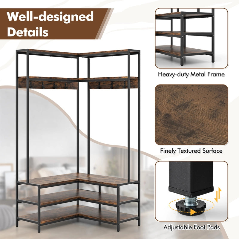 Corner Garment Rack with Open Shelves and 7 Hooks Shoe Bench-Rustic Brown