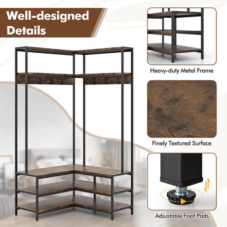 Corner Garment Rack with Open Shelves and 7 Hooks Shoe Bench-Rustic Brown