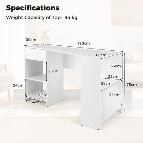 L-Shaped Computer Desk with Storage and Open Shelves for Living Room Bedroom-White