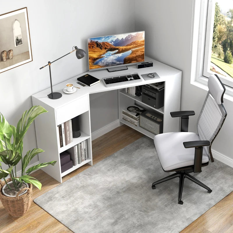 L-Shaped Computer Desk with Storage and Open Shelves for Living Room Bedroom-White