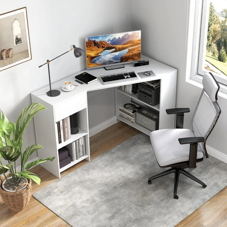 L-Shaped Computer Desk with Storage and Open Shelves for Living Room Bedroom-White