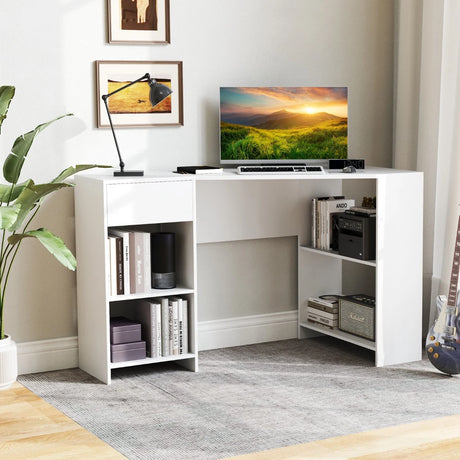 L-Shaped Computer Desk with Storage and Open Shelves for Living Room Bedroom-White